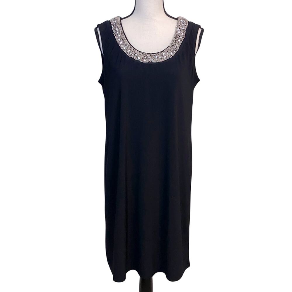 R & M Richards Black Embellished Beaded Neckline Shift Dress Size 12